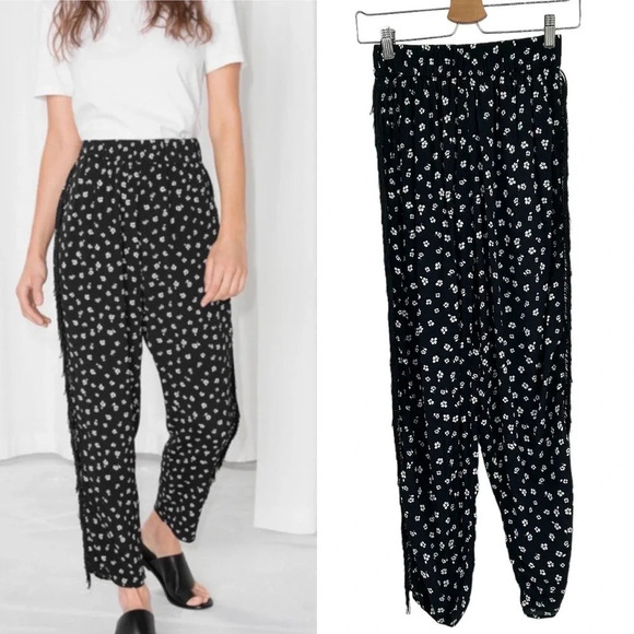 & Other Stories Pants High Waisted Fringe Pull-On‎ Floral Print Black Size US 2 - Picture 1 of 12